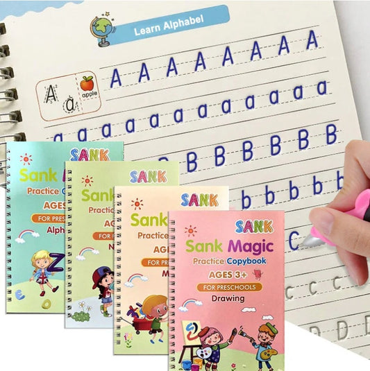 Kit de 4 Cuadernos Mágicos Reutilizables de Caligrafía para Niños / Abecedario, Números, Matemáticas y Dibujos