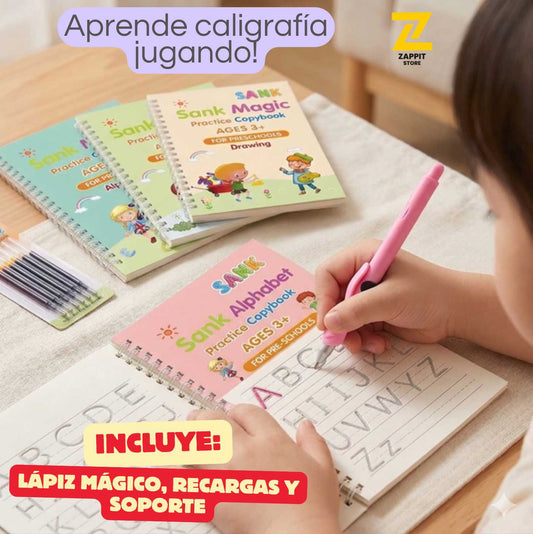 Kit de 4 Cuadernos Mágicos Reutilizables de Caligrafía para Niños / Abecedario, Números, Matemáticas y Dibujos